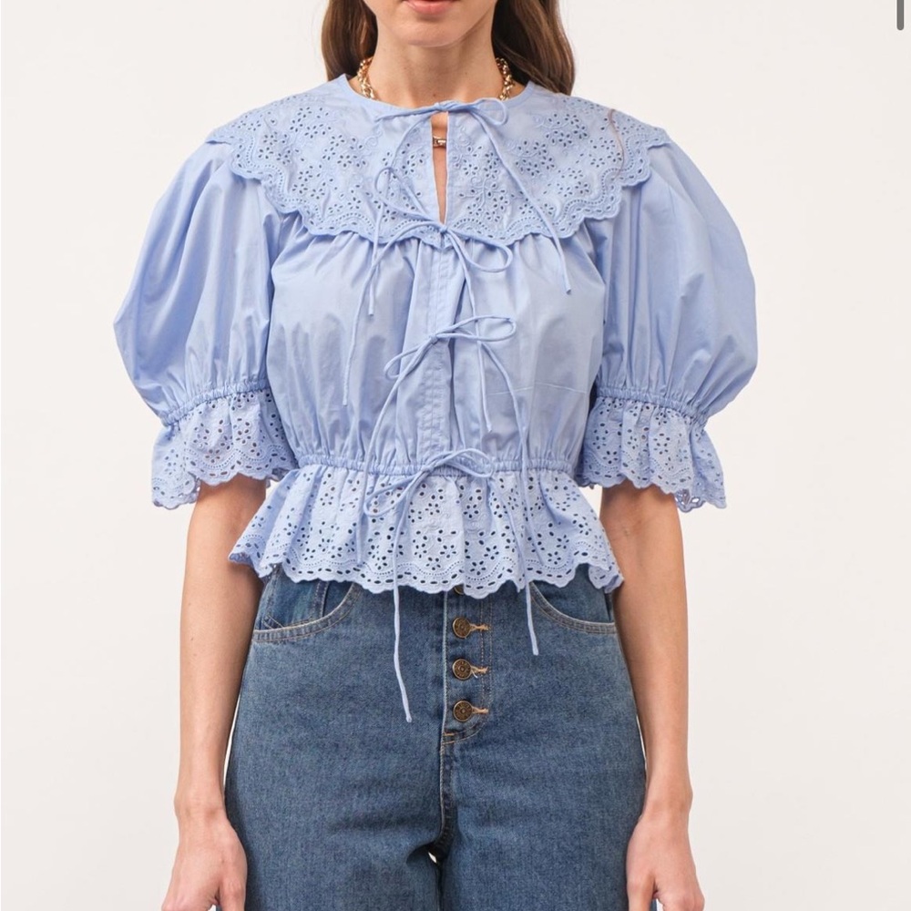 Emi Blouse: Sophie the Label. Blue Puff Sleeve Peplum Blouse with Bib Collar